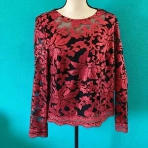 New with tags Boston proper marina Red and Black Sequin Swirl Mesh Blouse